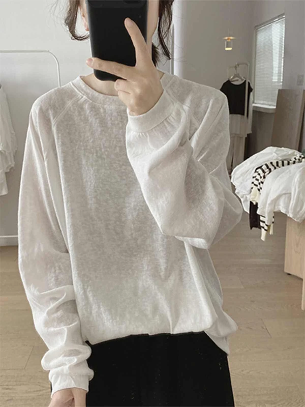 Damska luźna bluzka z okrągłym dekoltem, długa, cienka, z białego lnu, z motywem kreskówkowym, idealna jako baza pod ubranie.