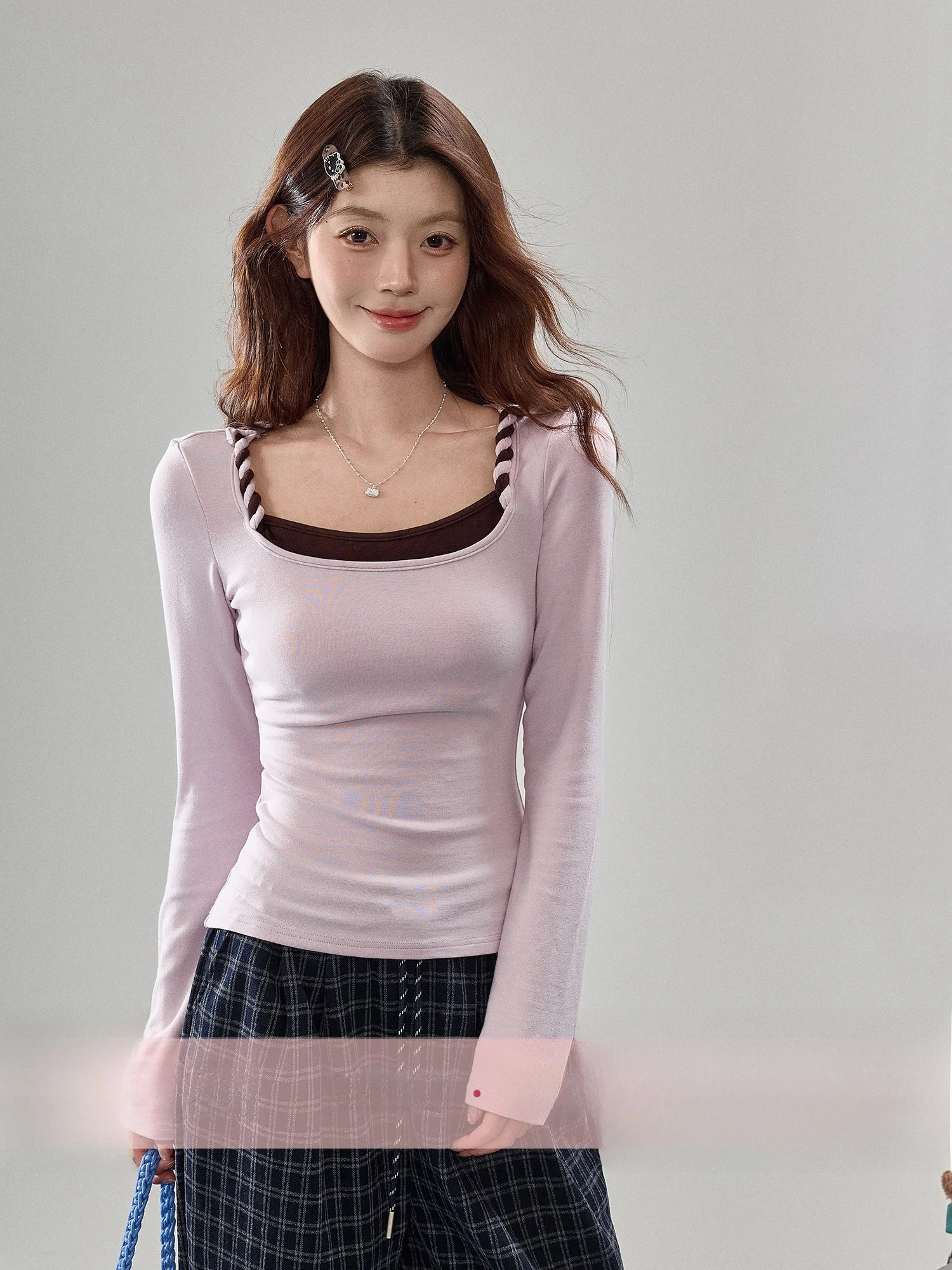 

BBT Sweety Pure Desire Color Block Long Sleeve T-Shirt Women's Slim Fit Base Layer Shirt Casual Style Autumn Season Soft Comf...
