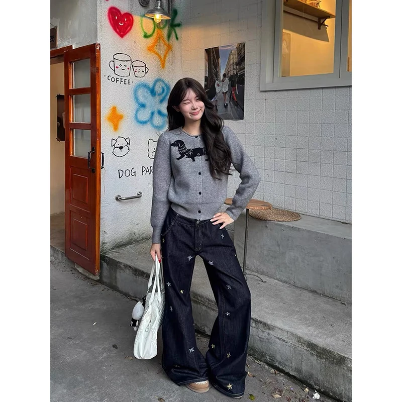 جينز نسائي عتيق أزرق فضفاض واسع الساق 2000s Y2k ملابس الشارع الجرونج ستار التطريز الدينيم السراويل عالية الشارع الرجعية #2