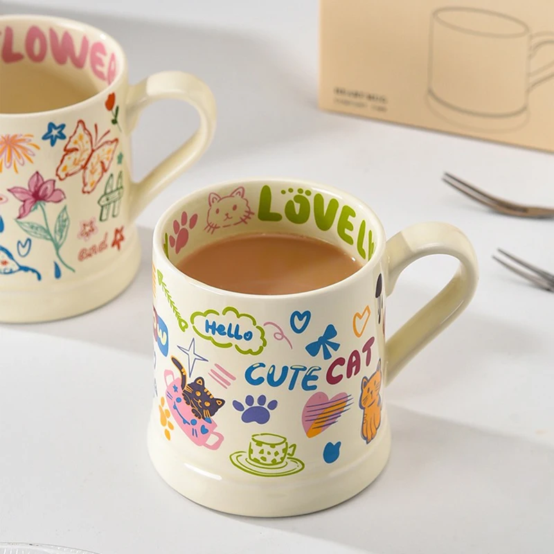 Tasse à café créative imprimée de fleurs françaises, tasse à jus de lait, tasse à eau maison graffiti mignon, verres cadeaux, petit-déjeuner, clics,