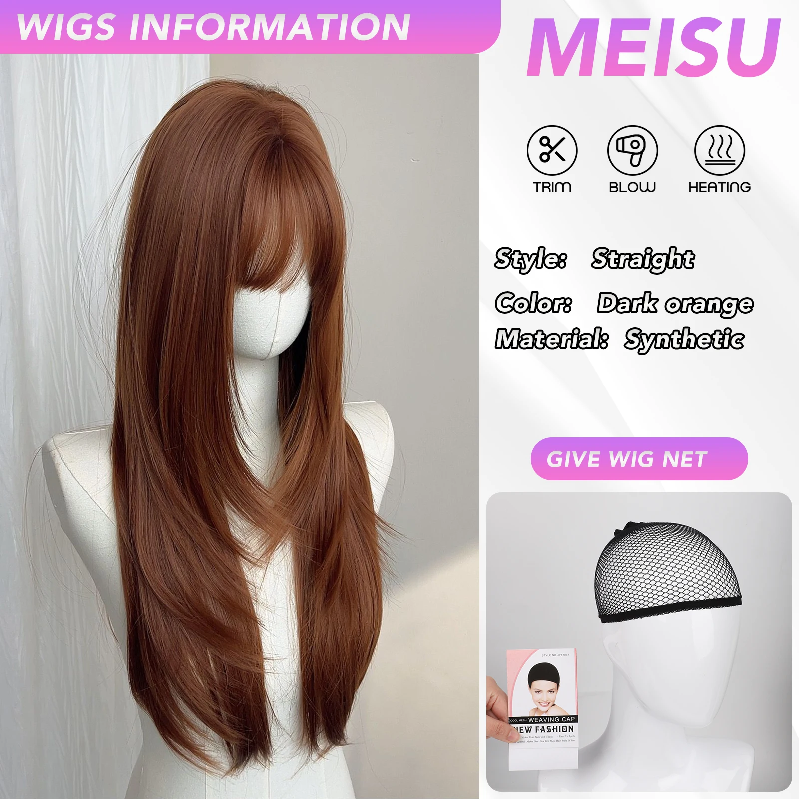 MEISU 26 بوصة شعر مستعار اصطناعي مستقيم الطبقات برتقالي داكن مقاومة للحرارة شعر طبيعي ناعم أنيق شعر مستعار للحفلات للنساء #2