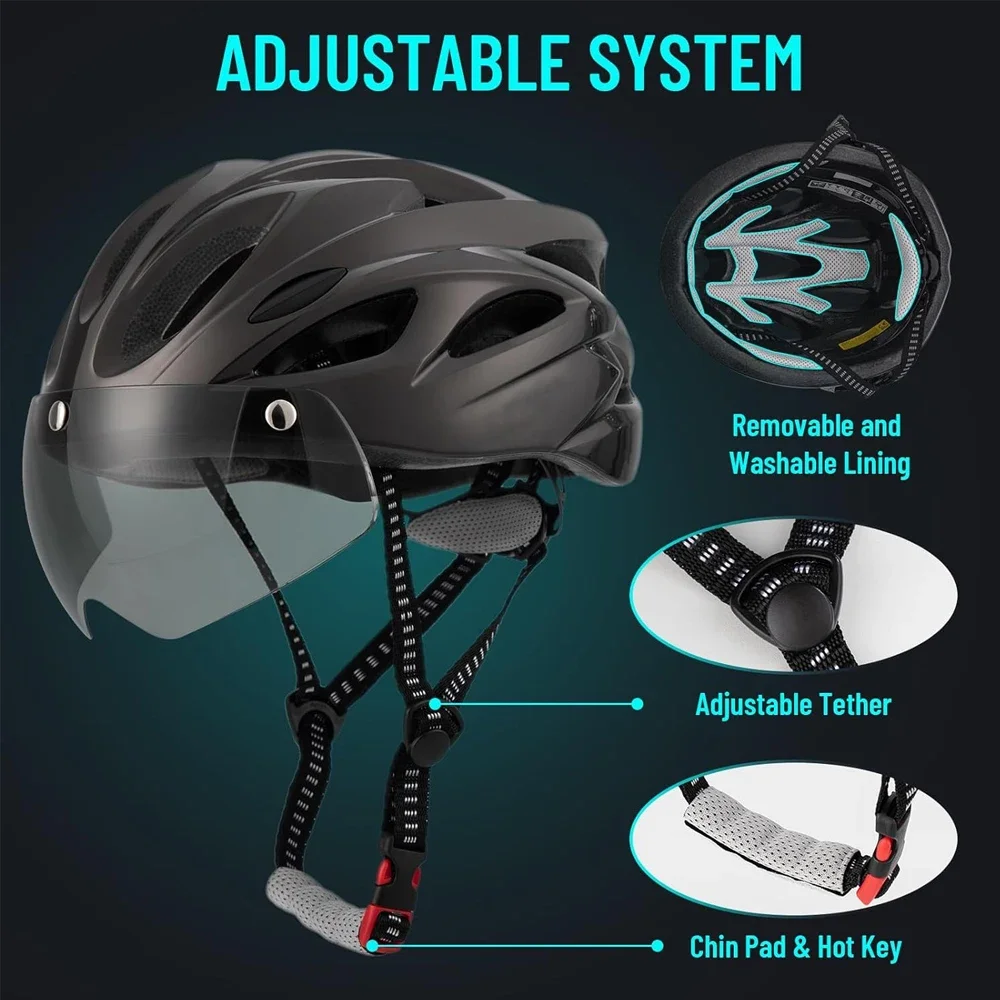 Casque de vélo léger réglable pour adulte, casque de vélo avec feu arrière et poignées, lunettes magnétiques amovibles, vélo de montagne et de route