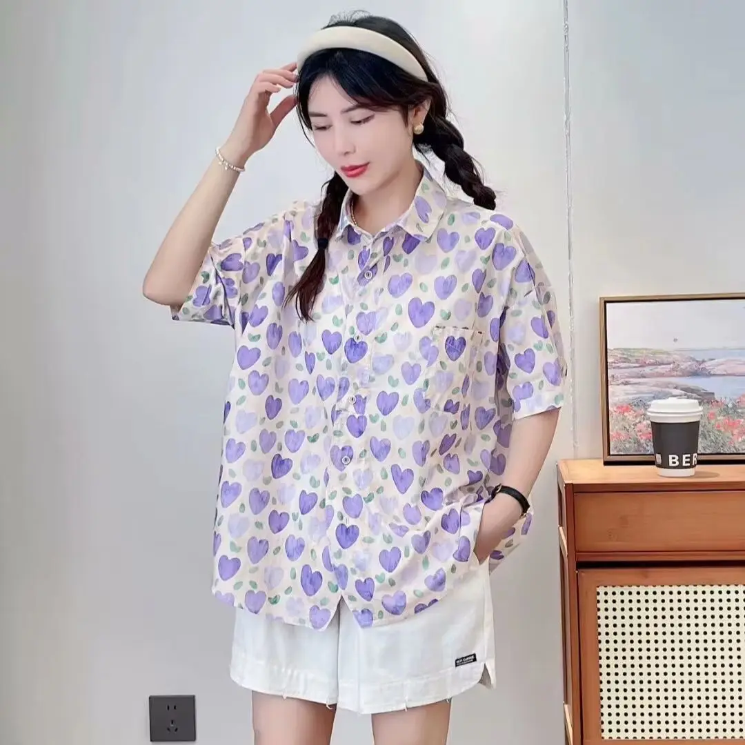 Plus size tops 100% cotton purple love heart print shirt blouses for women summer harajuku fashion heart-shaped printed shirt