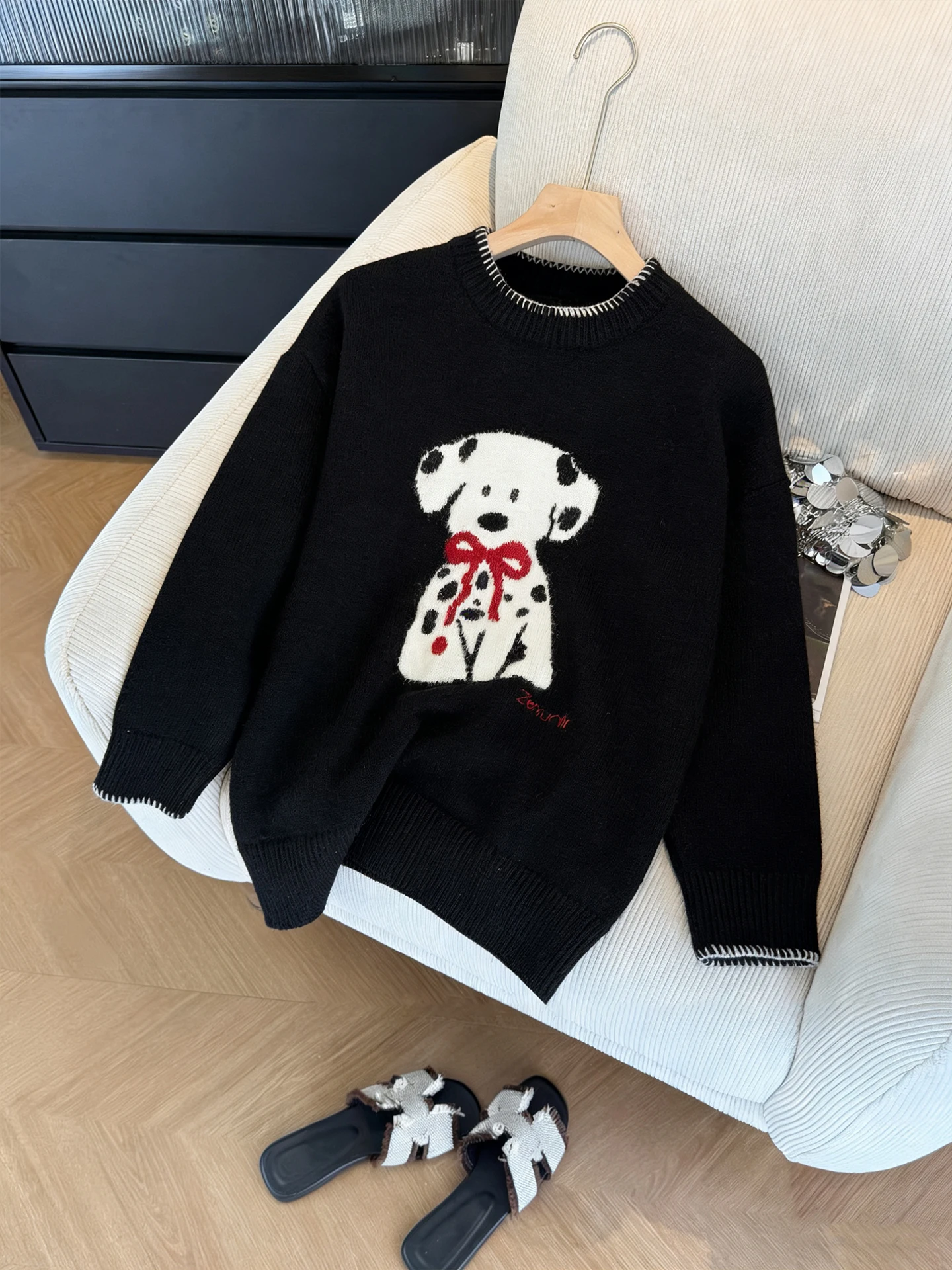 

American Retro Lazy Sle Long Sve Knitted Sweater Bla Dog Print Loose Slimming Men Women Spring Autumn Personali Casu...