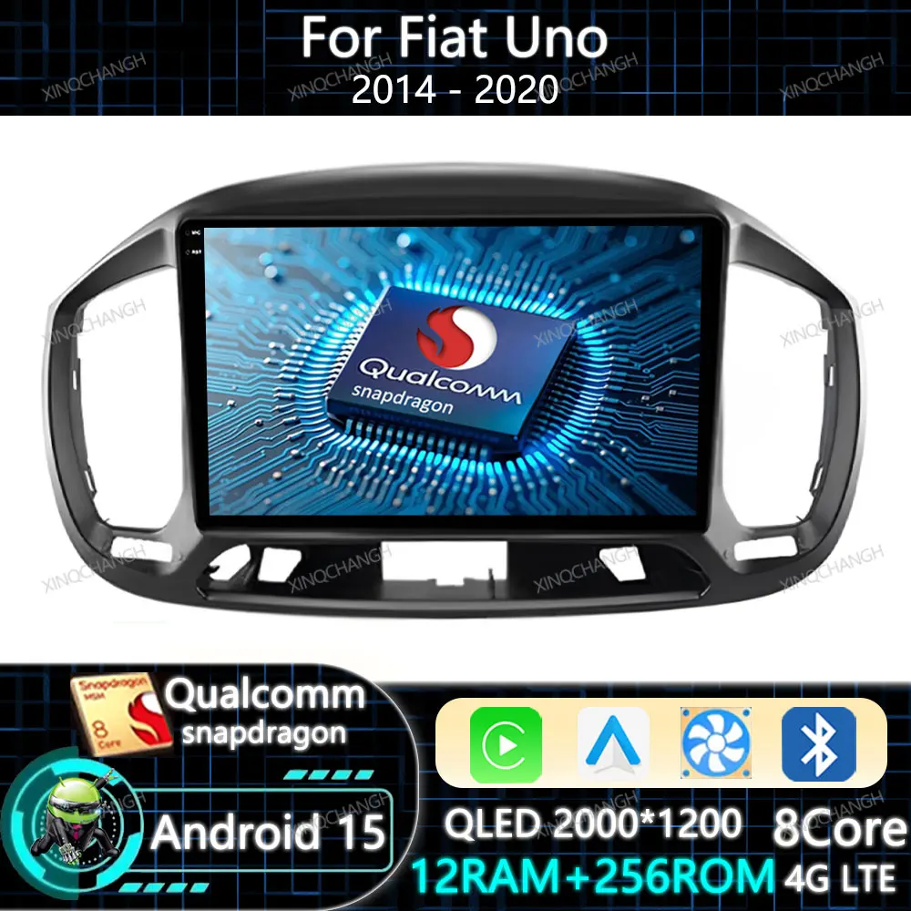 Radio para Auto con Android 15 y Carplay para Fiat Uno 2014 2015 2016 2017 2018 2019 2020, Unidad Principal Qualcomm 4G WIFI, Navegación QLED, Bluetooth