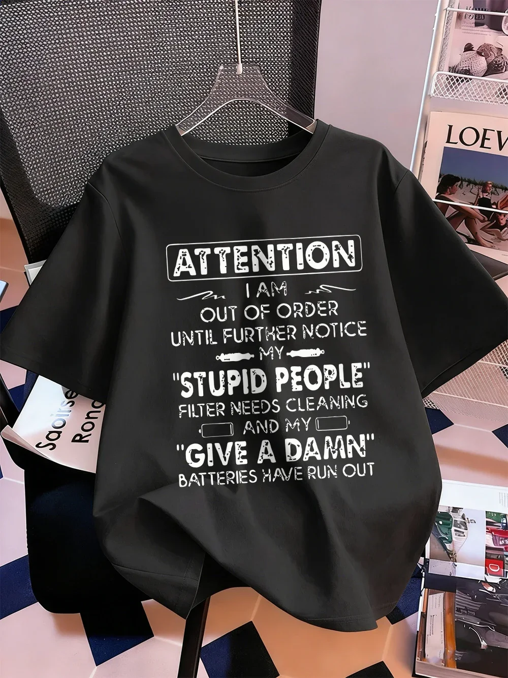 Women Funny Letter Print T-Shirt Give A Damn Batteries Run Out Slogan Graphic Tee Summer Loose Short Sleeve Streetwear Top