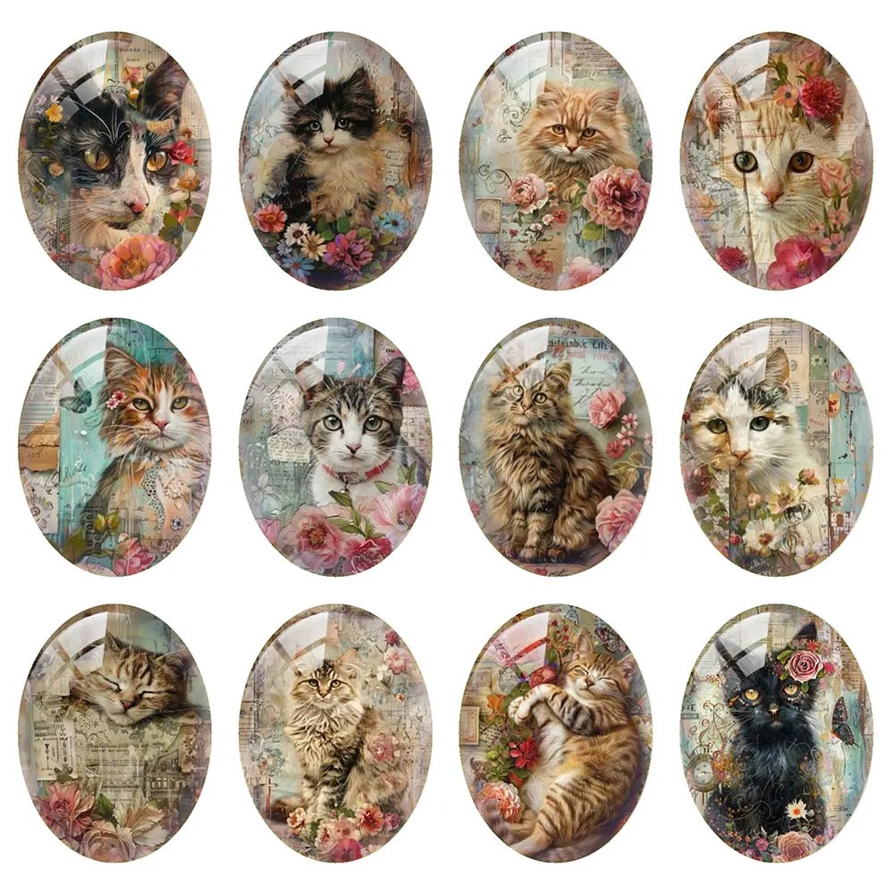 Random Mixed Round/Oval/Square Vintage Long-haired Cat Flower Photo Glass Cabochon Flatback Demo Cameo For Diy Jewelry Making