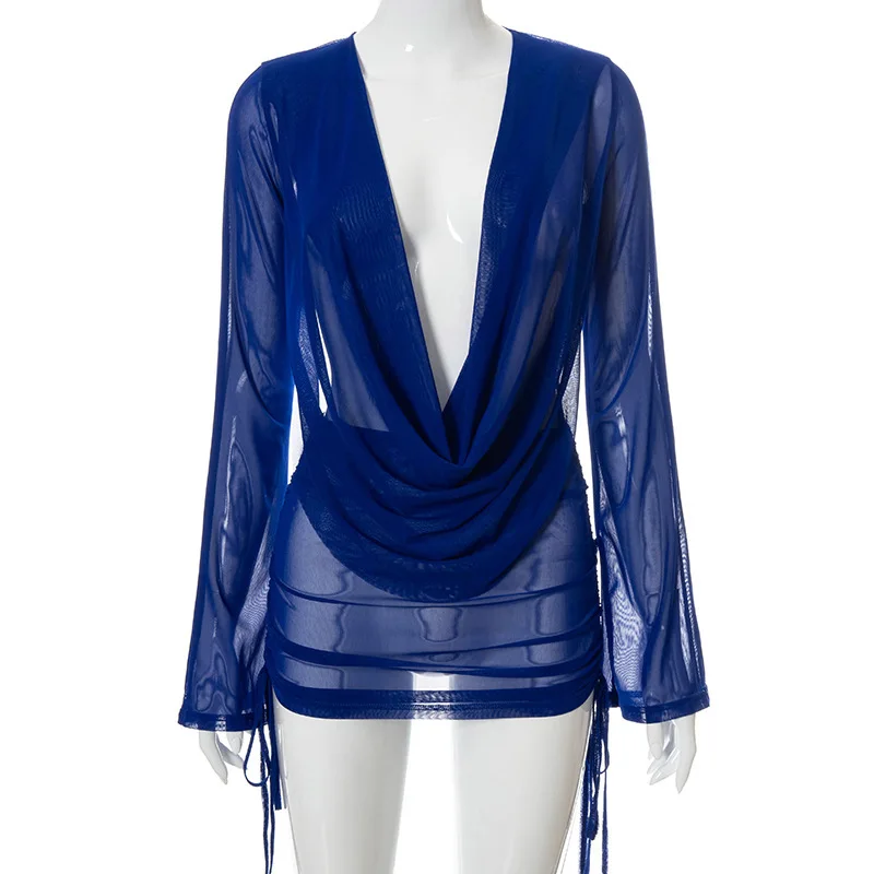 Sexy cuello en V profundo ver a través de manga larga Fiesta Club vacaciones en la playa ceñido al cuerpo estilo dividido Falda corta sin espalda conjunto vestido Irregular