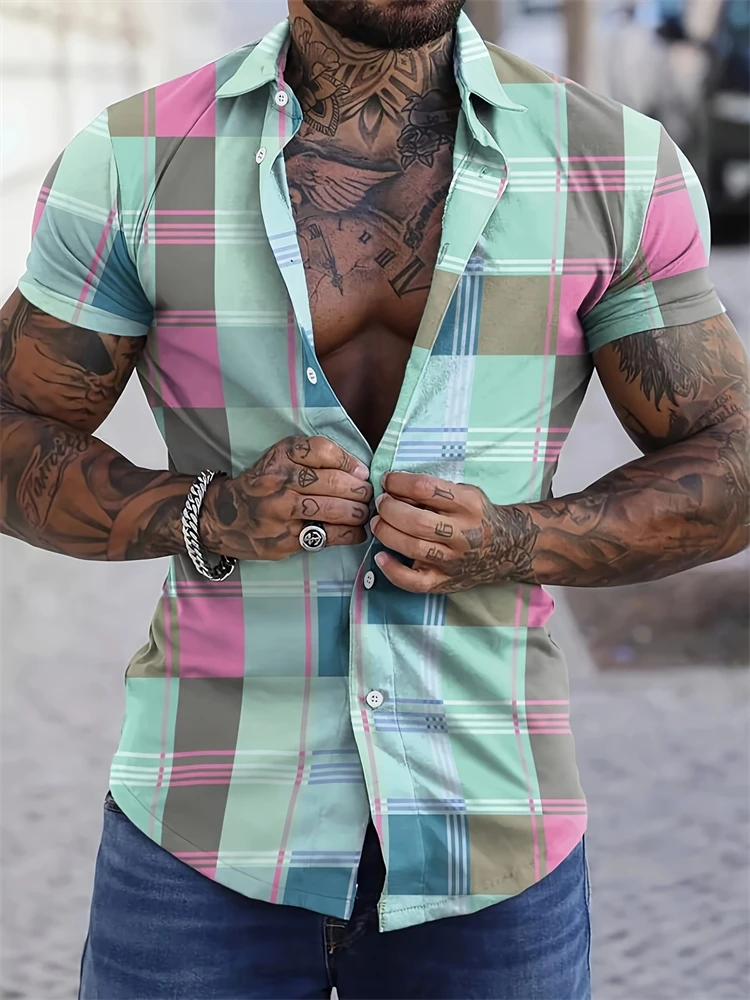 Striped Plaid Printed Casual Men's Short-sleeved Shirt Daily Versatile Men's Summer Lapel Short-sleeved Loose Breathable T-shirt