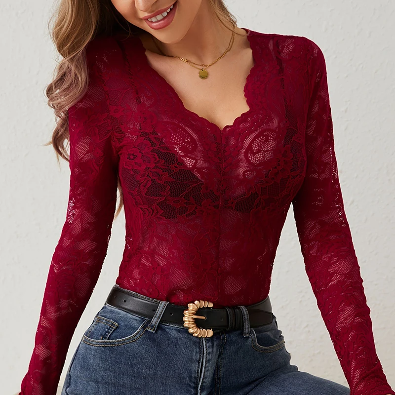 Sexy Lace T Shirt Women Elegant V Neck Slim Tops Female Fashion Solid Long Sleeve Shirts For Women Tee White Black — zdjęcie 4