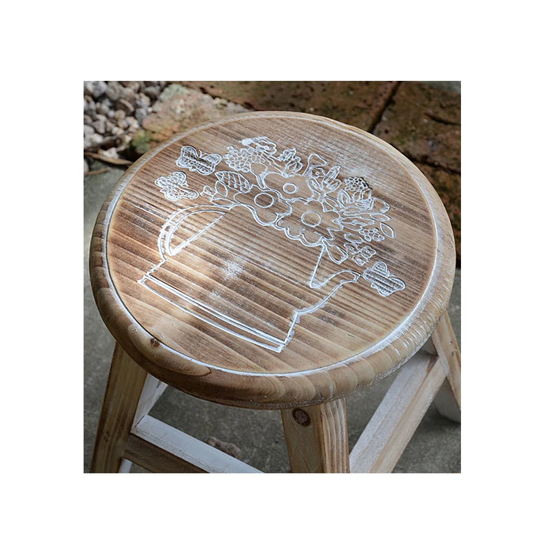 Engraved Wooden Stool Round Plant Stand Retro Low Chair Small Bench Sturdy Step Bathroom Furniture Home Decoration