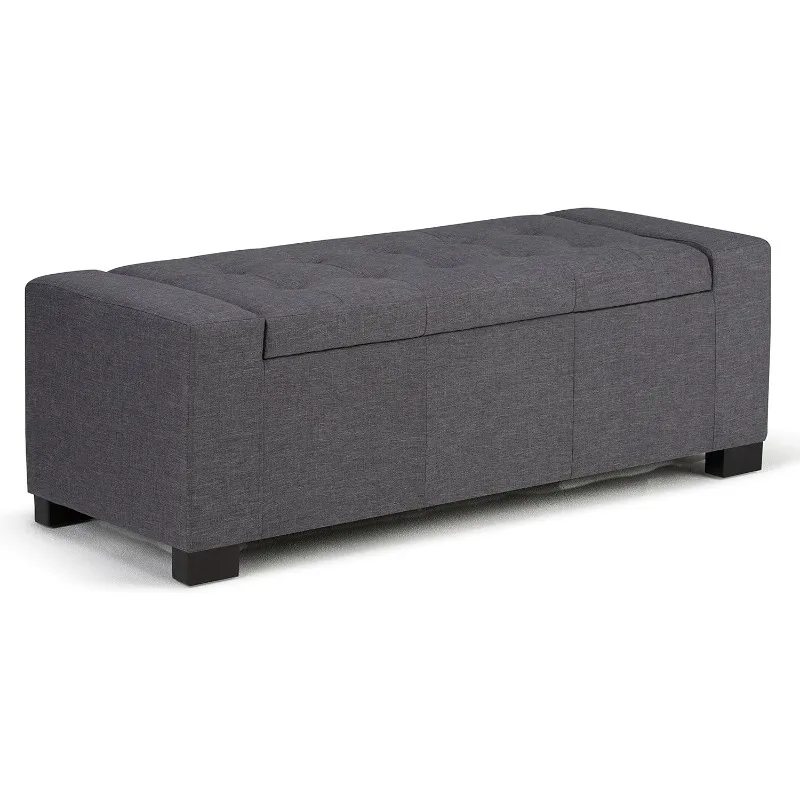 51 inch Wide Rectangle Lift Top Storage Ottoman in Upholstered Slate Grey Tufted Linen Look Fabric with Large Storage Space