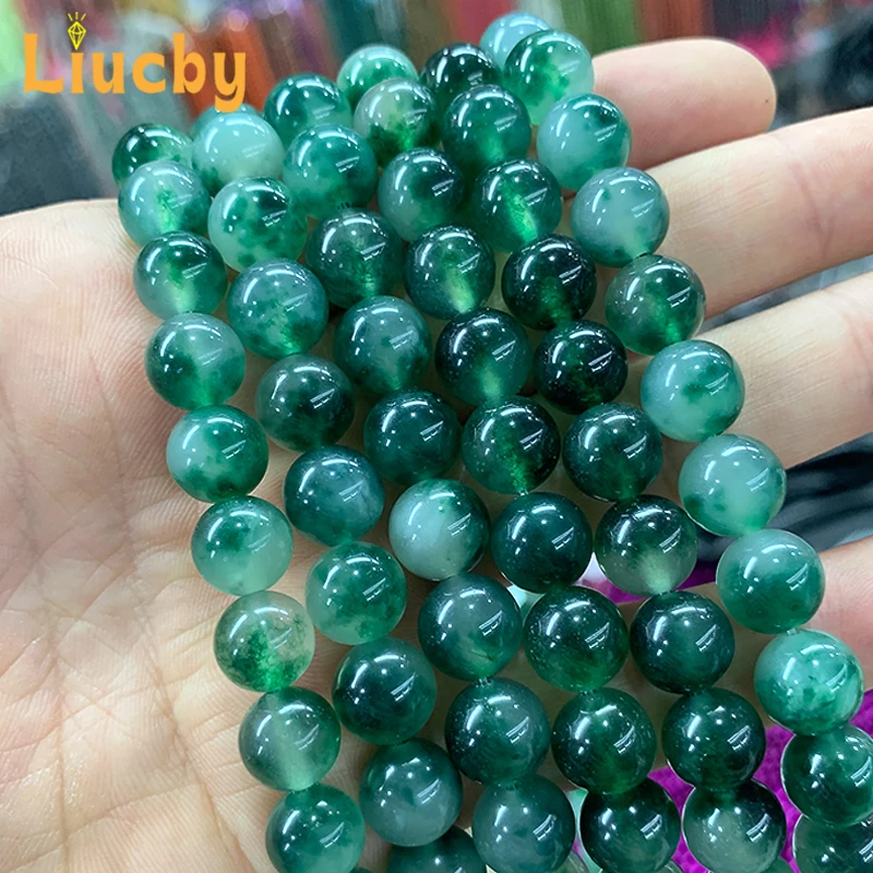 ธรรมชาติจีนลูกปัด Moss หญ้าสีเขียว Chalcedony Jades หินรอบลูกปัดสําหรับเครื่องประดับ DIY สร้อยคอต่างหู 15 "ขายส่ง