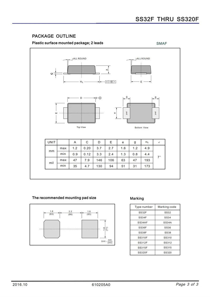 (50pcs) SS12F SS14F SS16F SS18F SS110F SS115F SS120F 3A SMD Schottky Diode SMAF