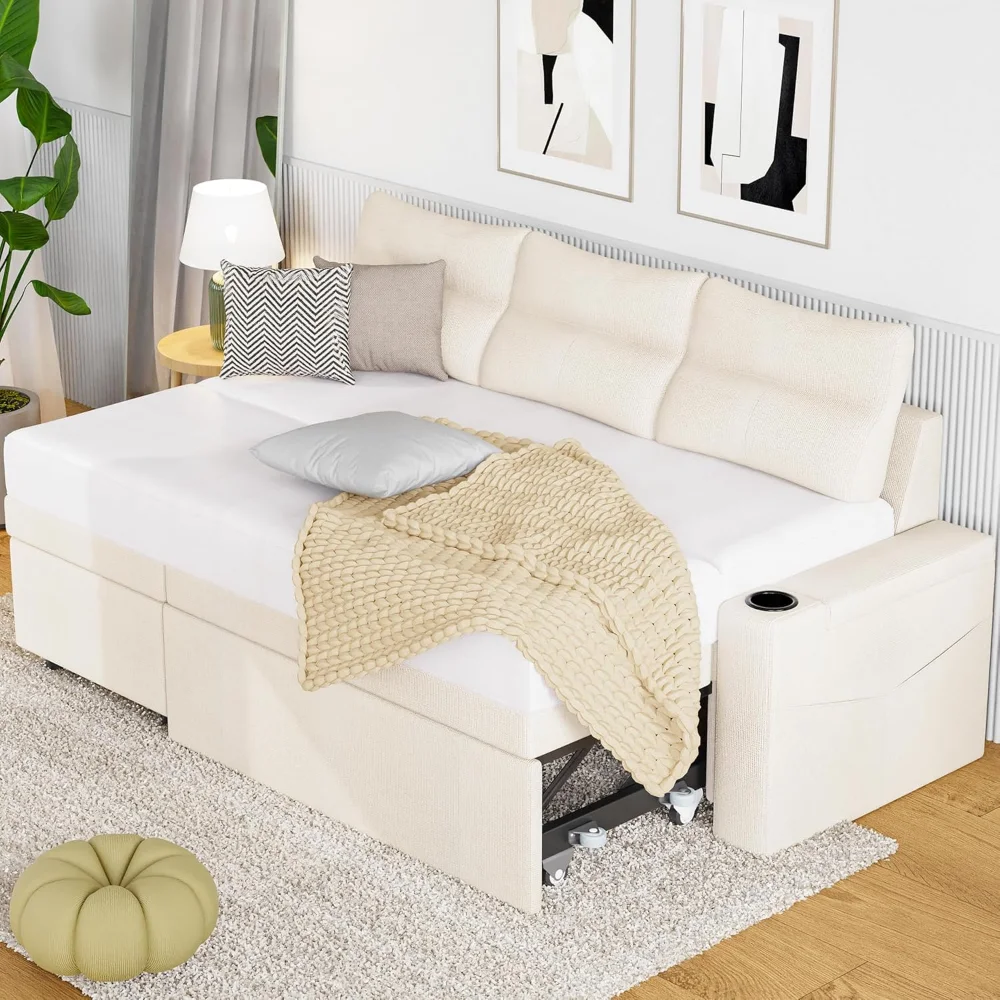 

81" Sleeper Sofa with Armrest Storage,L-Shaped Sofa with Supportive Cushions,Cup Holders,Side Pockets