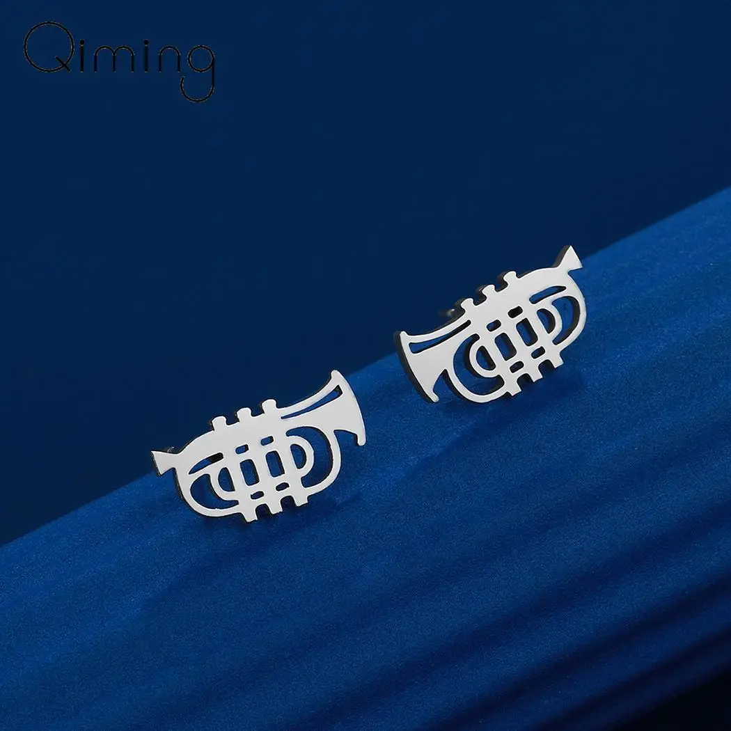 Stainless Steel Earrings Women Handmade Jewelry Tiny Trumpet Stud Earrings Instrument Teacher Gift For Musician