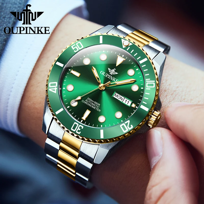 OUPINKE Japan ​Automatic Movement Watch for Men Luxury Green Water Ghost Sapphire Mirror Stainless Steel Men\'s Wristwatches New