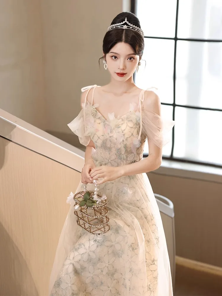 

Элегантное вечернее платье Ele Princ Sle для женщин: роскошное, высококачественное, в стиле феи, для выпускного бала, длинное, корейское, с цветочным декором ручной работы