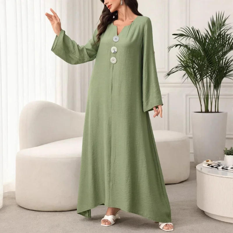 فستان نسائي كاجوال جديد فضفاض برقبة على شكل حرف V مريح بلون سادة وأكمام طويلة