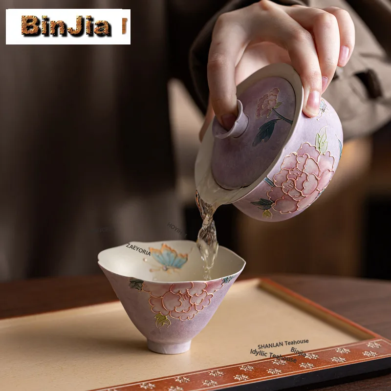 BAEJORIA Hand-painted Peony Travel Tea Set Kit Retro 1 Bowl 1 Cup Tea Maker Organizer Portable Camping Stock Bags Supplies Gifts