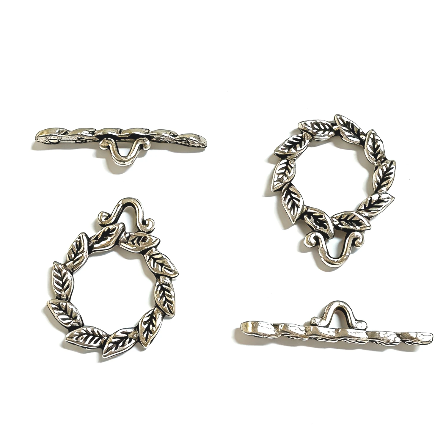 10SETS round 15mm,bar:21mm,hole 2mm TIBETAN SILVER COLOR 2SIDED ROUND 15MM LEAF TOGGLE CLASP H3663