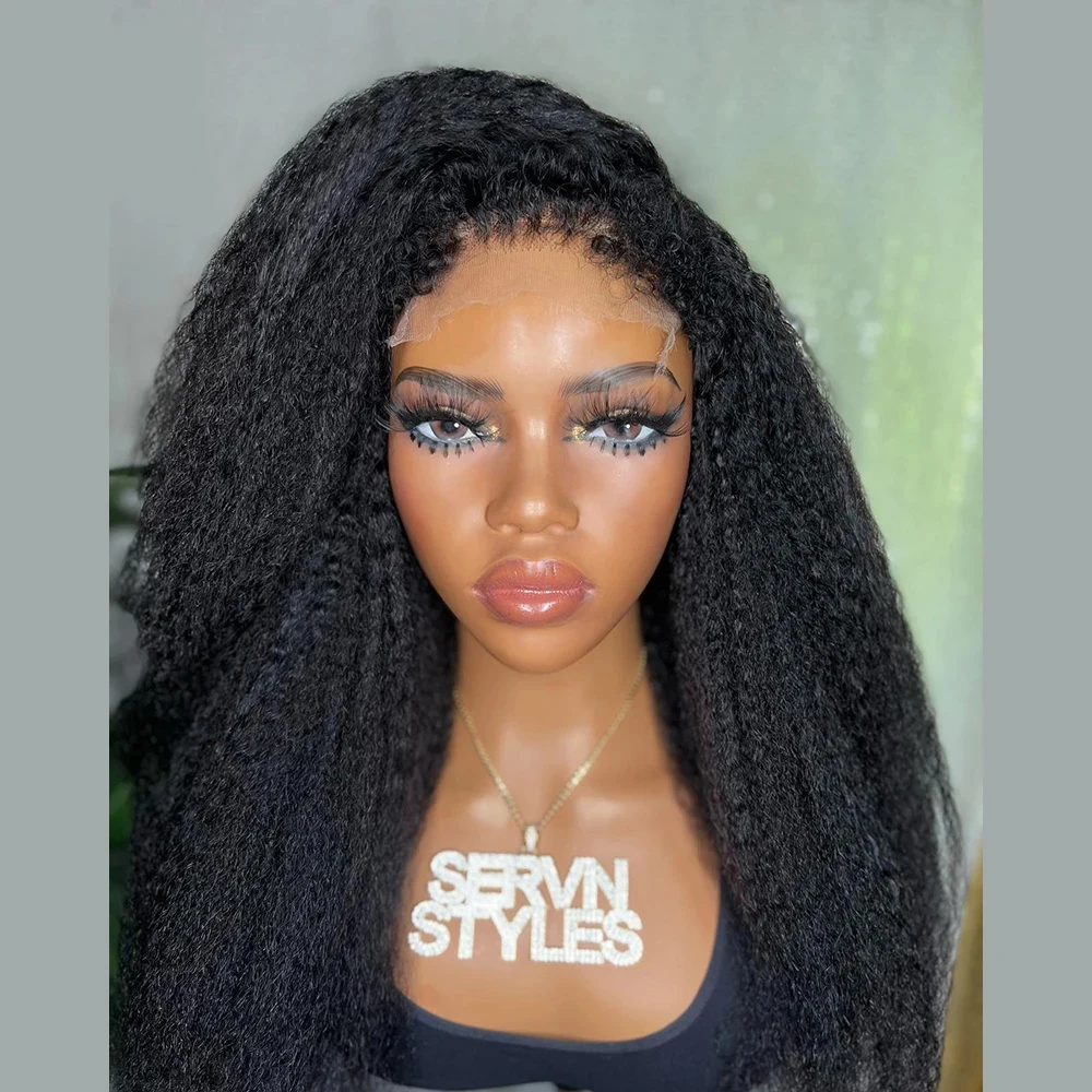 

Yaki Soft 26Inch Long 180Density Kinky Straight Natural Black Deep Lace Front Wig For Women Babyhair Glueless Preplucked Daily