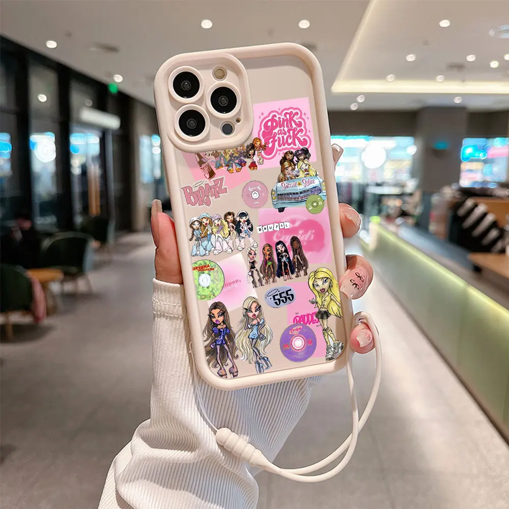 女の子用ハンドストラップ付きのかわいい電話ケース,ソフトtpuバックカバー,bratz人形,iphone 15, 14, 13, 12, 11 pro max,mini,xr,xs,x,7 8プラス