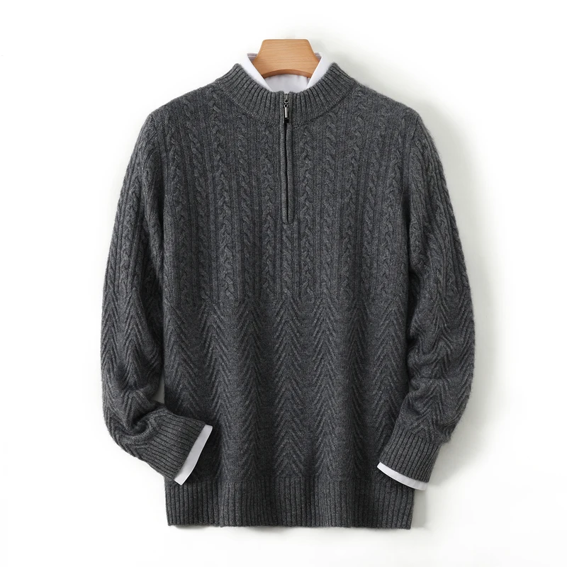 Pulôver clássico de negócios masculino 100% caxemira grosso cabo-malha meia zip camisola outono inverno quente macio e confortável malha topos