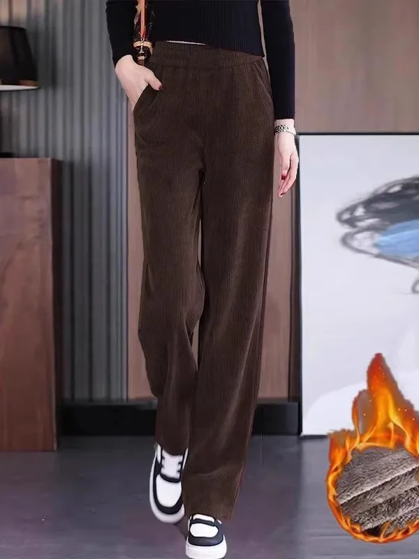 Pantalon à jambes larges en velours côtelé pour femme Pantalon droit décontracté en velours d'agneau taille haute élastique en fibre de polyester résistant t...