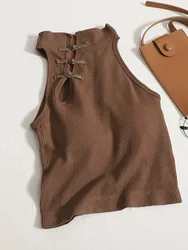 ITOOLIN Women Vintage Chinese Button Tank Tops With Bra Pad Halter Tops O-Neck Elegant Crop Tops Off Shoulder Tops For Women