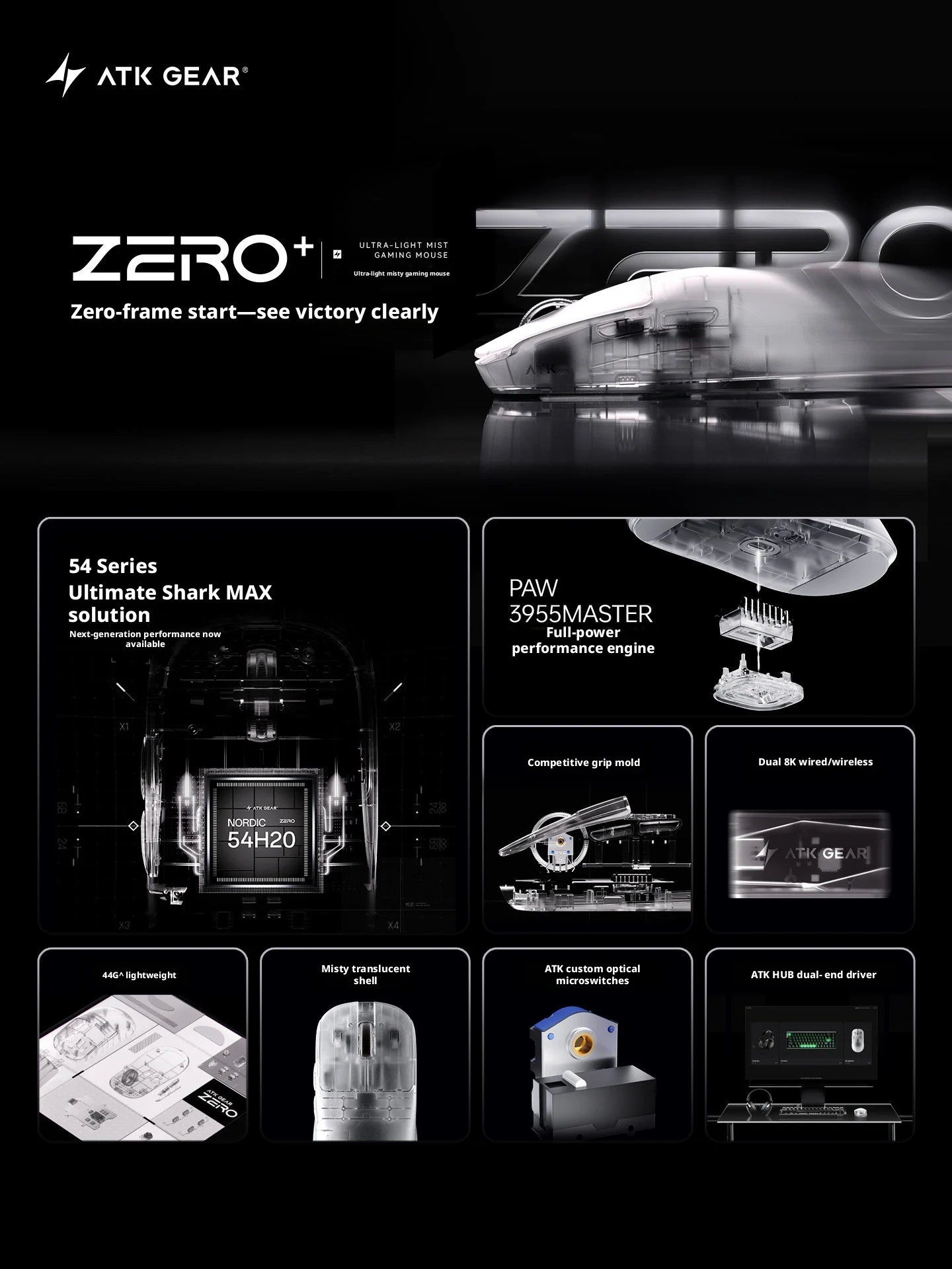 ATK Zero Plus Wireless Gaming Mouse PAW3955 Ultra 8K Polling Ultra Lightweight Nordic 54L15 Low Latency FPS Esports Mouse