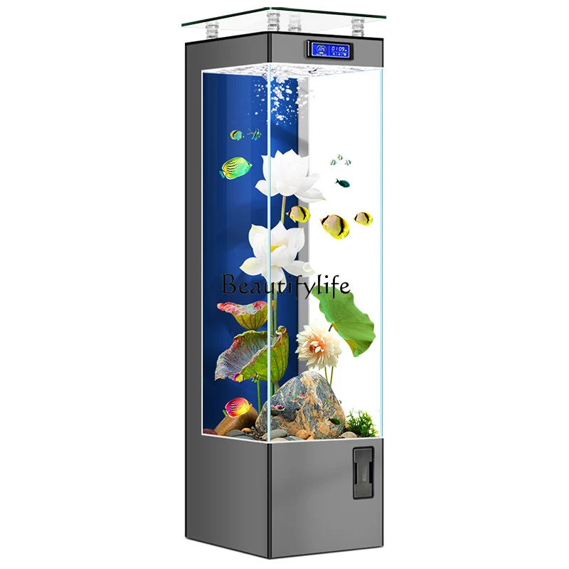 

05-*Fish tank next to TV cabinet Small living room Household floor-to-ceiling ultra-white glass aquarium