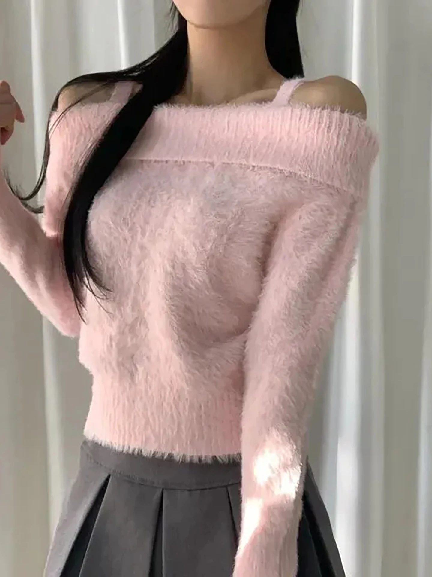 

Pink Girl's Sle Sweater Women's Winter New Loose Warm ort Version One oulder Base irt Soft Knitted Long Sve Top