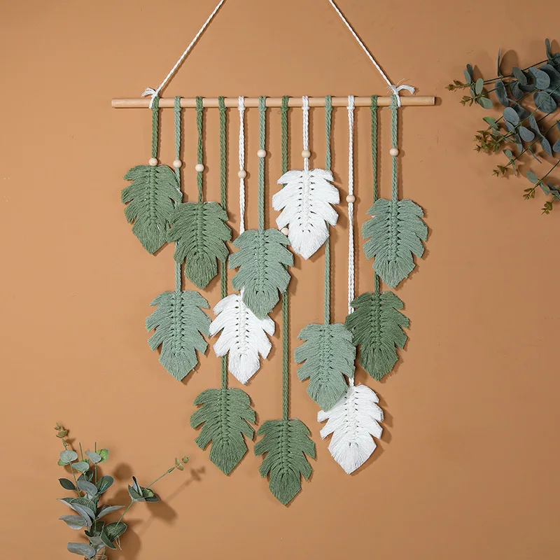 Handmade Tapestry Cotton Rope Dream Catcher Wall Hanging White Green Leaf Pendant Macrame Wall Decoration