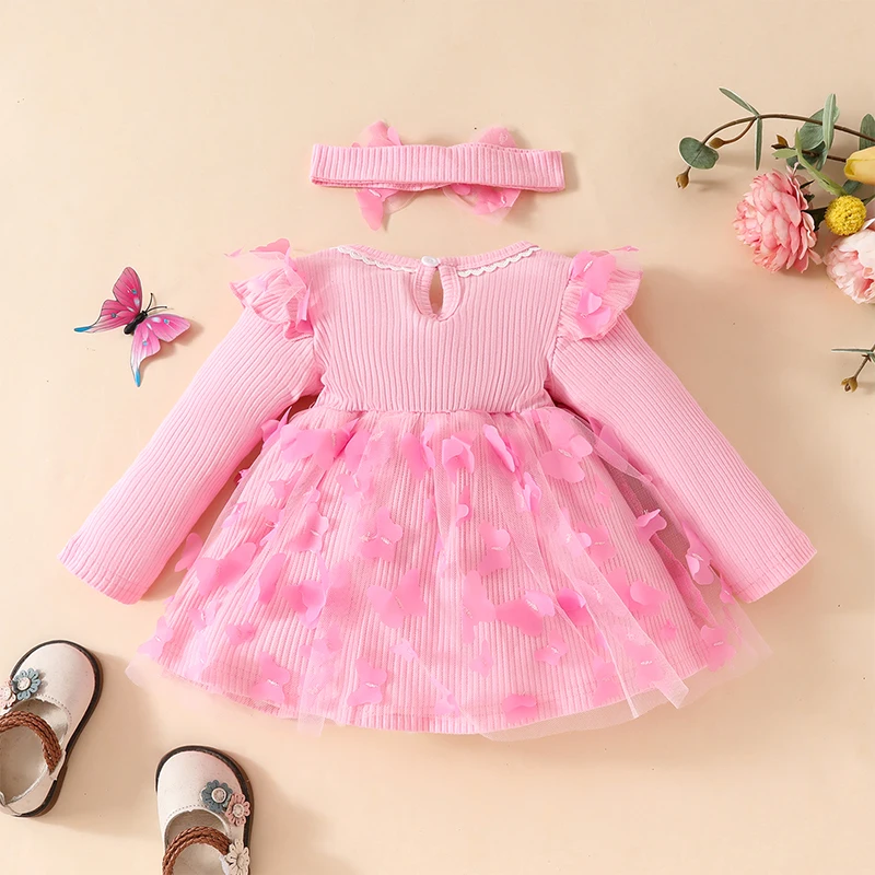 Newborn Baby Girls Romper Set 3D Bow Ruffled Long Sleeve Butterfly Tulle Dress with Headband Adorable Ribbed 2-Piece Outfits