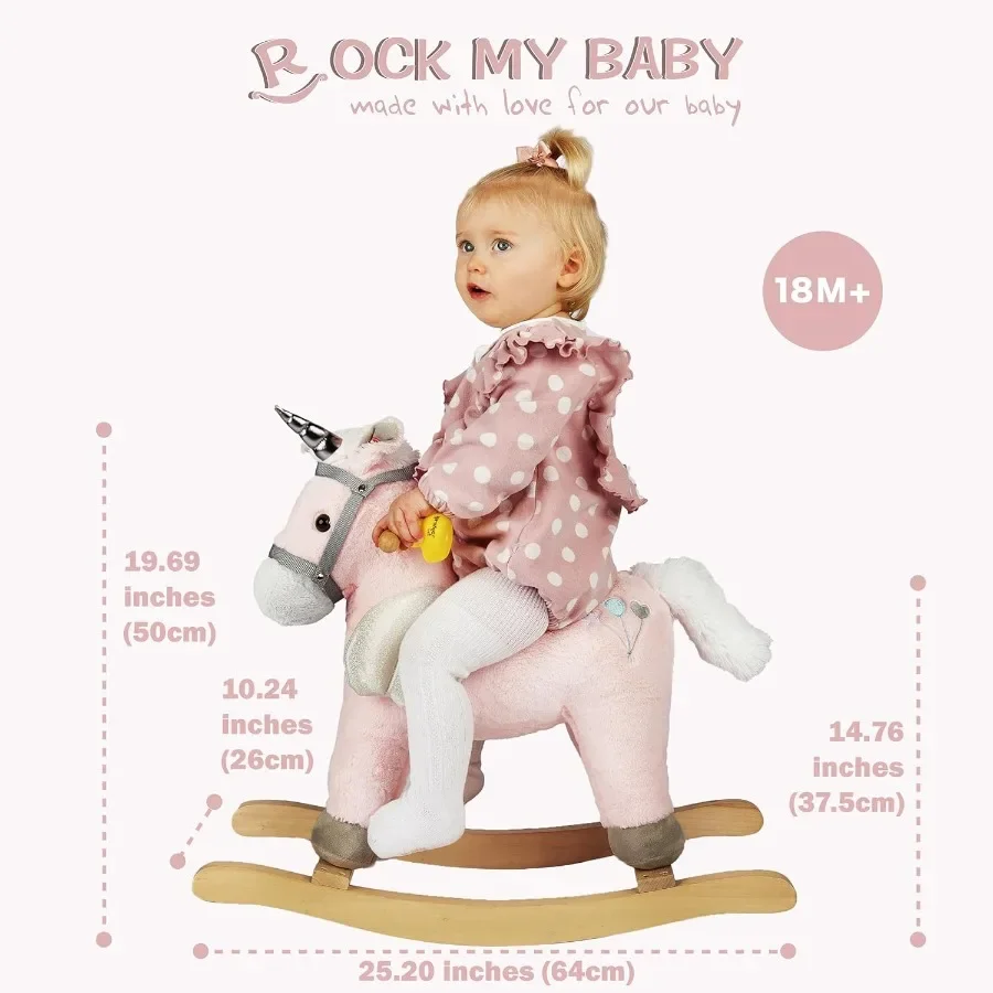 ม้าโยกยูนิคอร์นสีชมพู ตุ๊กตาม้าโยกมีเสียงสมจริง สำหรับเด็กวัยหัดเดิน 18 เดือนขึ้นไป ได้รับการรับรอง CPC