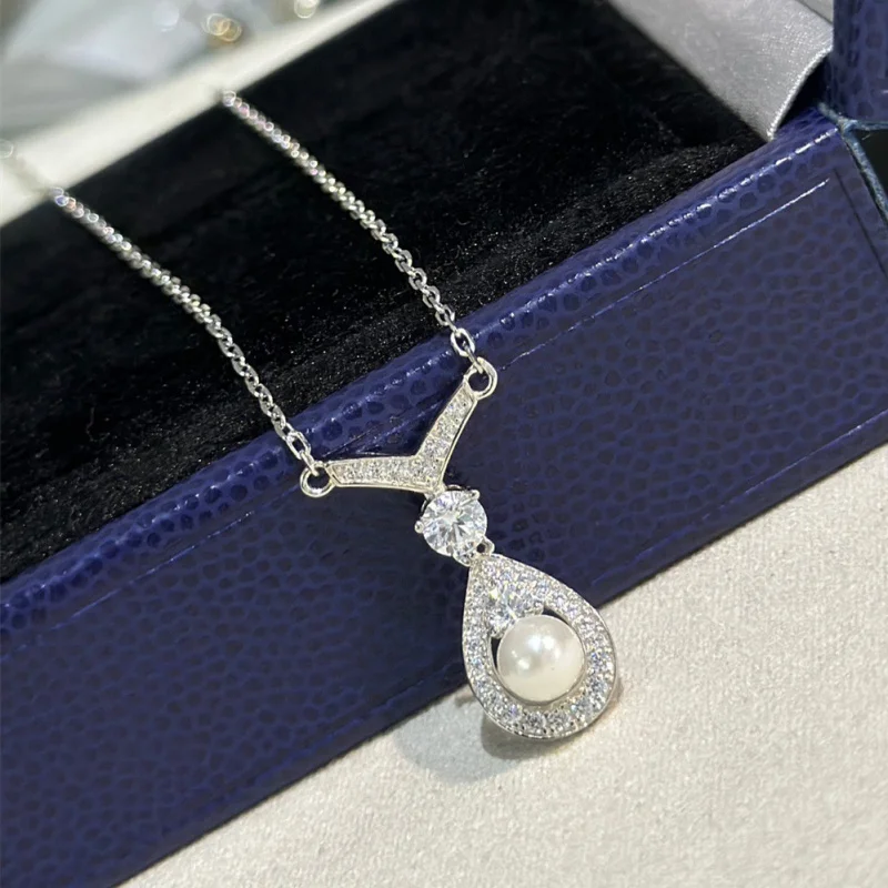 

S925Silver Seiko Advanced SenseYPearl Shell Pearl-Shaped Water Drop Inlaid Artificial High Carbon Diamond Necklace Clavi