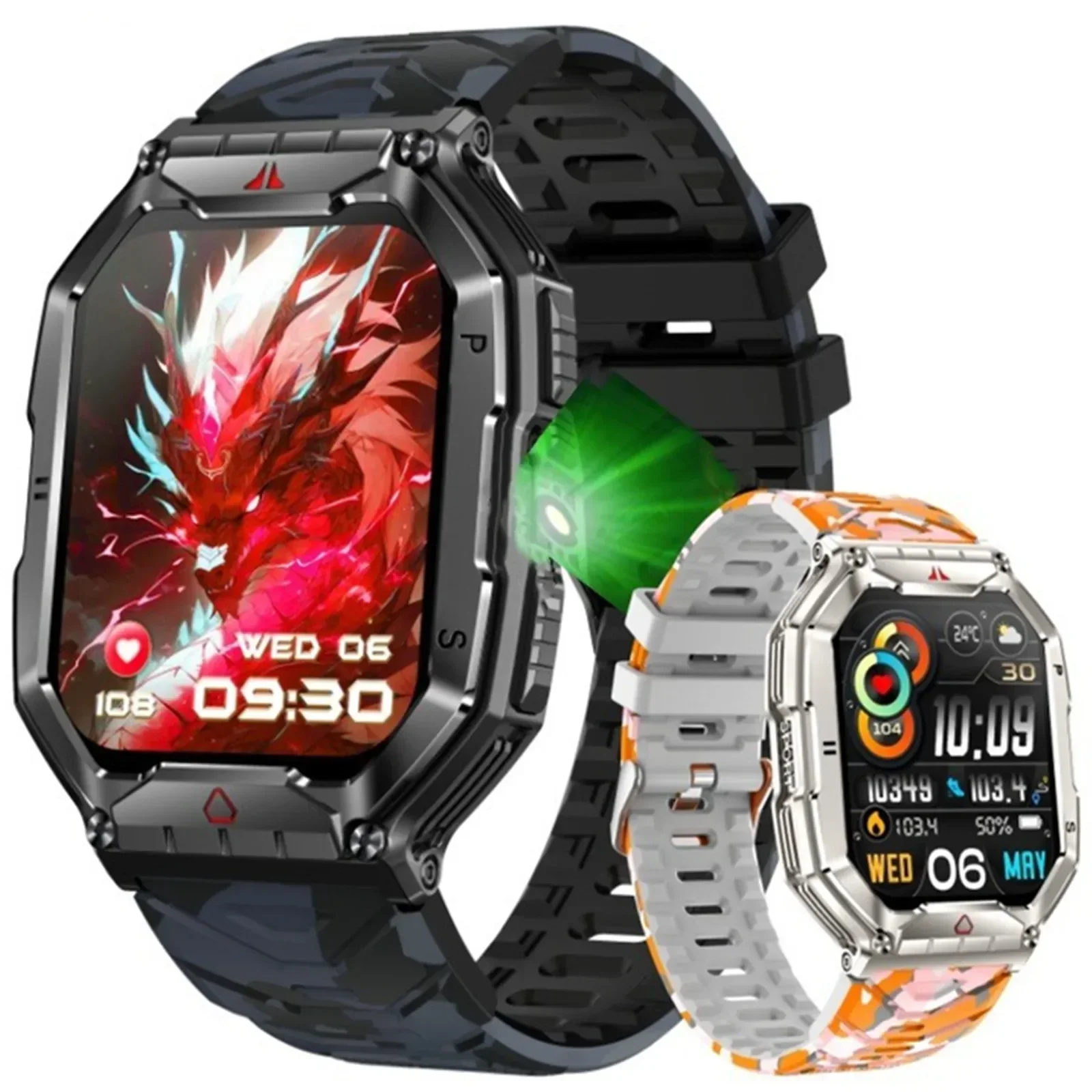 男防水スマートウォッチ Bluetooth 通話アウトドアスポーツスマートウォッチ健康監視フィットネストラッカーブレスレット懐中電灯コンパス