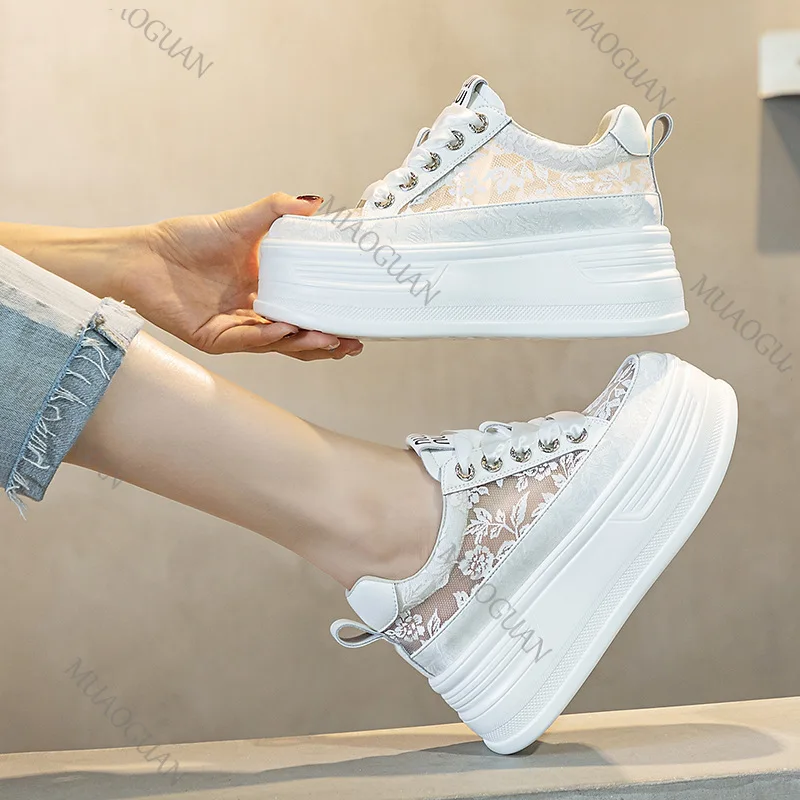 Trendy Lace Flower Women's Shoes Thick Soled Breathable Sports Footwears Mesh Surface Summer Casual Height Increasing Sneakers