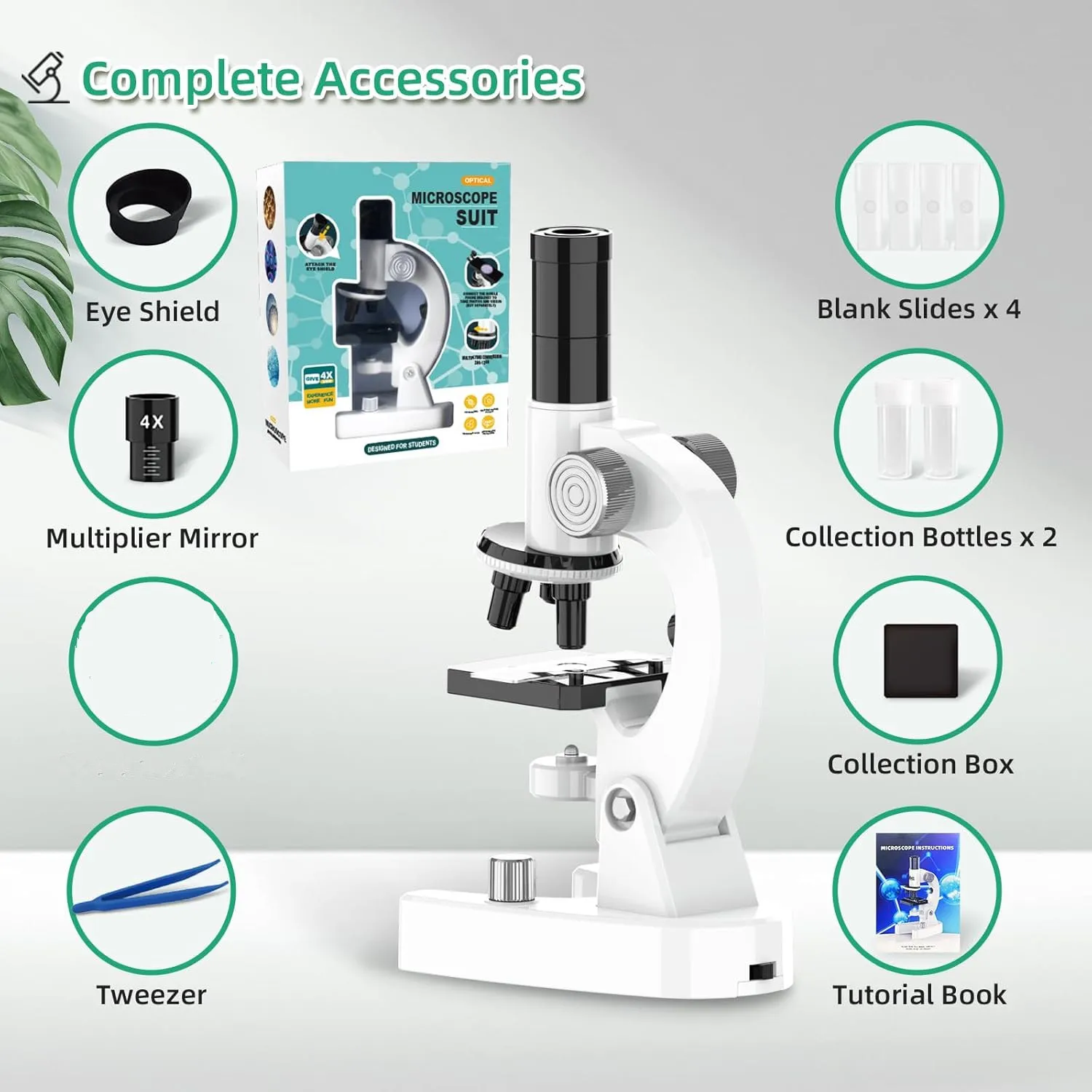 4800X Student Education Lab HD Biological Microscope LED Lights  Childrens Microscope Elementary School Study Gift