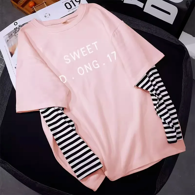 الموضة الكلاسيكية العصرية وهمية قطعتين تي شيرت بأكمام طويلة المرأة 2025 الربيع والخريف نمط جديد فضفاض الكرتون الربط #1