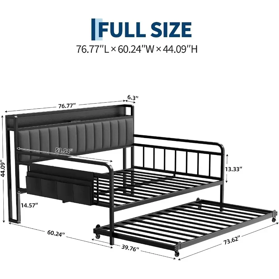 Daybed with Trundle and LED Light, Metal Bed Frame