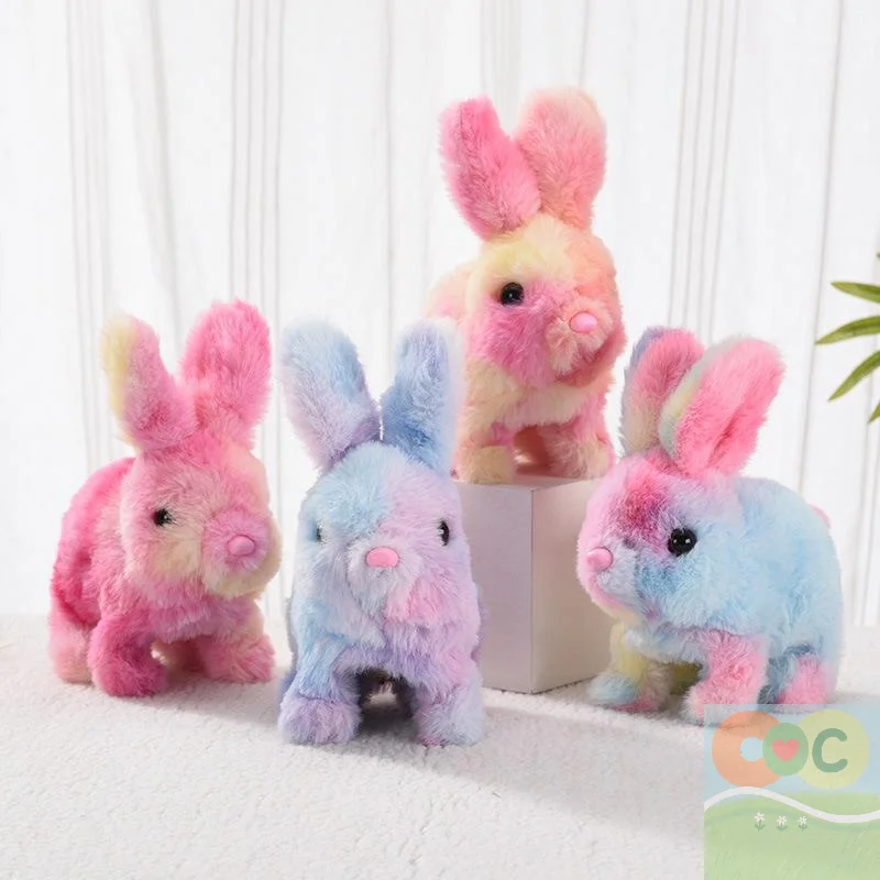 Unidade única, brinquedo de pelúcia de coelho elétrico com orelhas de sinuca, coelho arco-íris, presente de aniversário, faz ruído