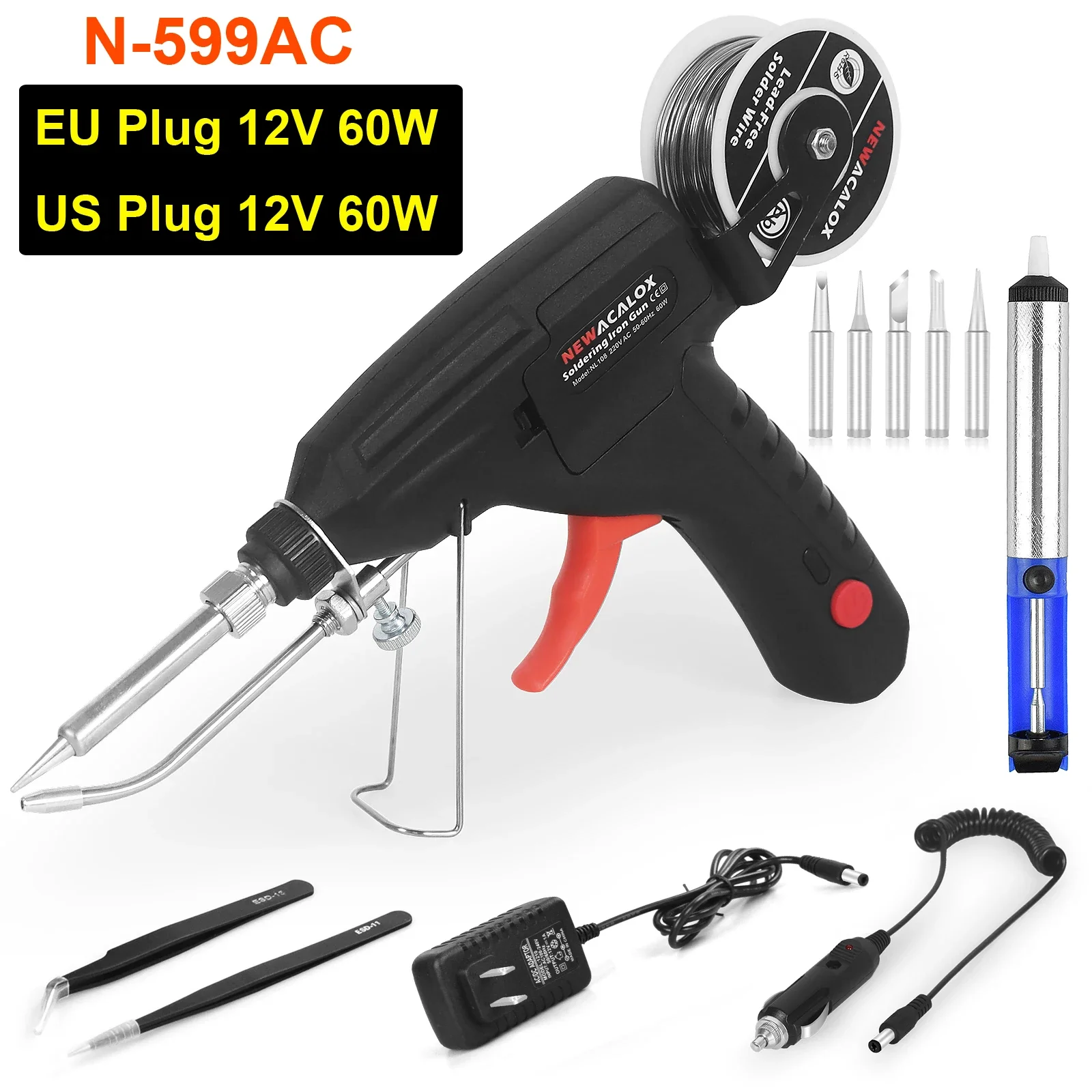 NEWACALOX 110V/220V 60W Automatically Send Tin Gun Hand-held Soldering Iron Internal Heat with Power Switch Welding Repair Tool