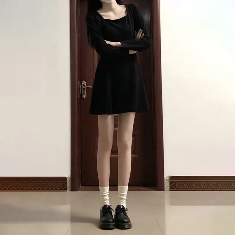 Black Square Collar Long Sleeve Dress Autumn Clothes Women2024New High-Grade Small Skirt