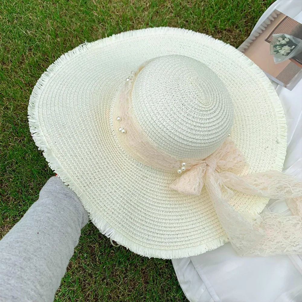 

French Style Woven Straw Hat Lace Bow Large Brim Sun Hat Sun Shading Summer Hat Women