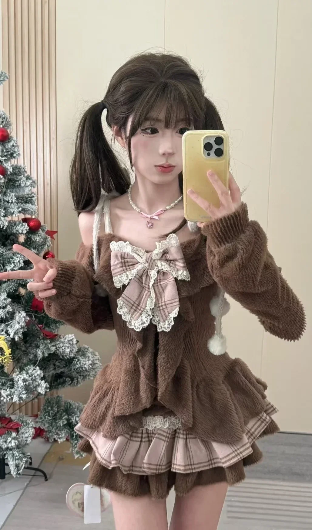 

Japanese Sweet Lolita 2 Piece Sets Women Retro Off Shoulder Bow Blouse Tops Plaid Cake Mini Skirt Girls Kawaii Y2k Slim Outfits