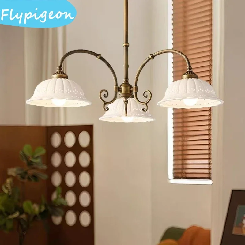 Nordic Fashion Pattern LED Decor Pendant Light Luxury Copper Ceramic Home Lamp Bedroom Foyer Lighting Fixtures