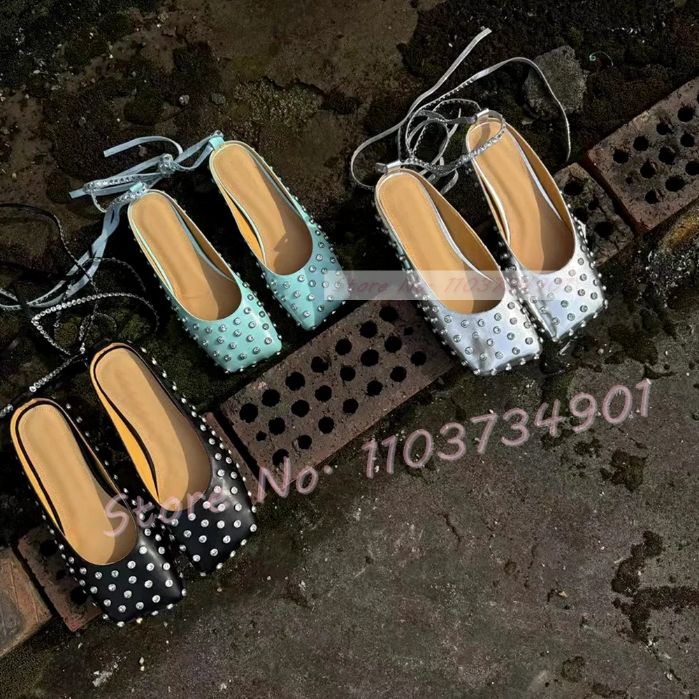 Zapatos planos de cuero de vaca azul con cristales brillantes para mujer, plantillas de piel de oveja con punta cuadrada, zapatos elegantes con cordones para verano