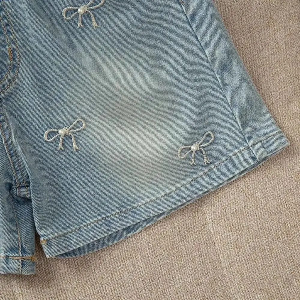 New Bow Embroidery Girls Denim Shorts Breathable Elastic Waist Short Jeans Soft Loose Fit Summer Shorts